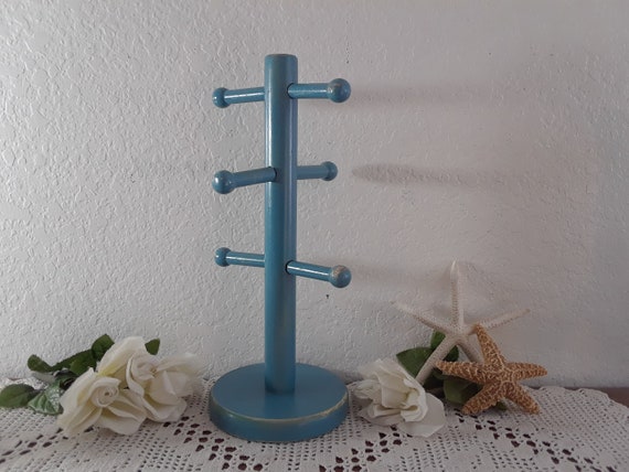 Blue Shabby Chic Mug Rack Up Cycled Vintage Wood 6-Arm Kitchen Storage Organizer Beach Cottage Coastal Seaside Tropical Island Home Decor