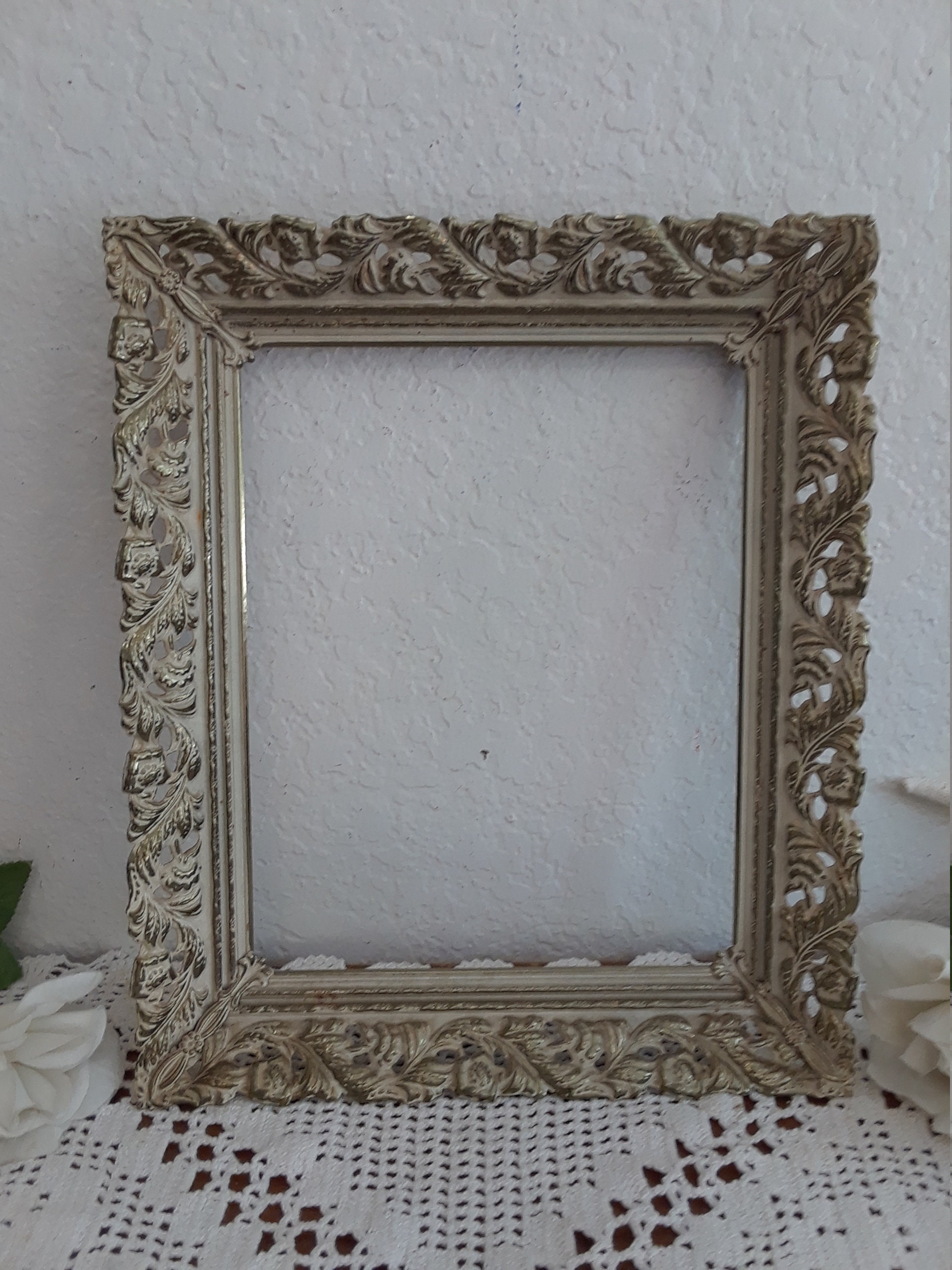 Vintage Gold & off White Metal Ornate Scrolled Picture Frame Vintage Gold & off White Metal Ornate Scrolled Picture Frame