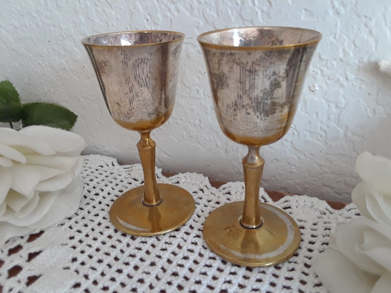 Vintage Silver & Gold Wedding Shot Glass Set Two Bride Groom Toasting Pair Mid Century Hollywood Regency Retro Barware Decor Gift Him Her image 3