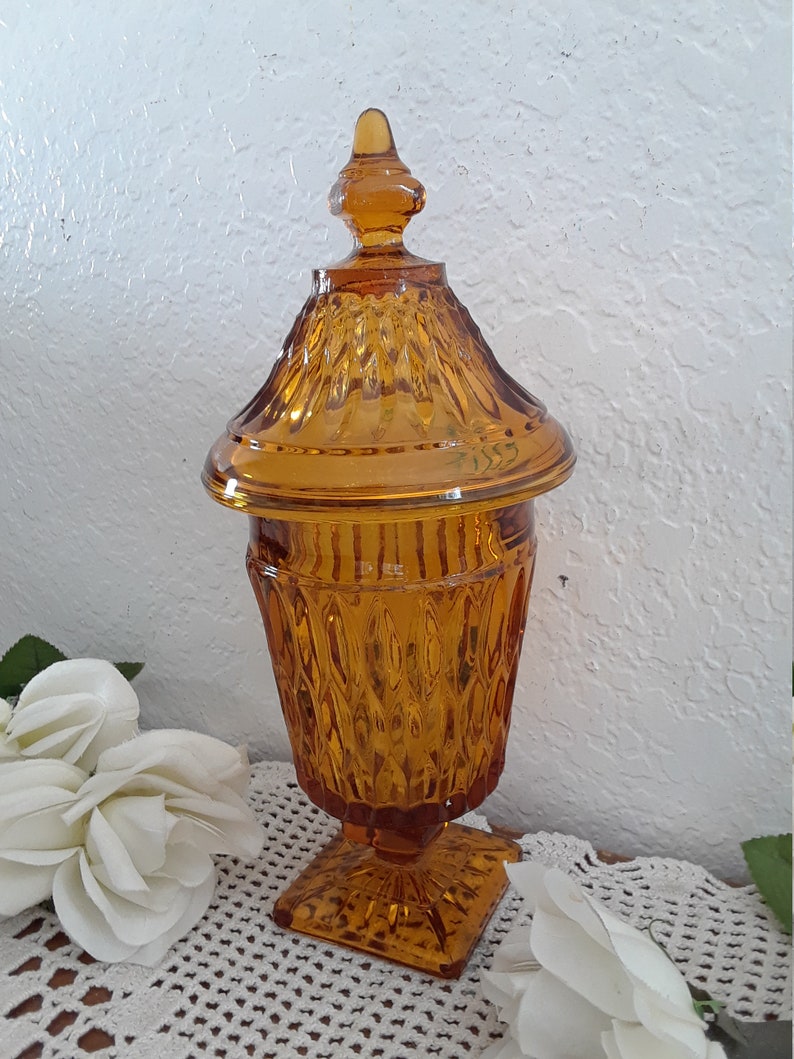 Vintage Amber Glass Pedestal Candy Dish W/ Lid Covered Diamond Etsy