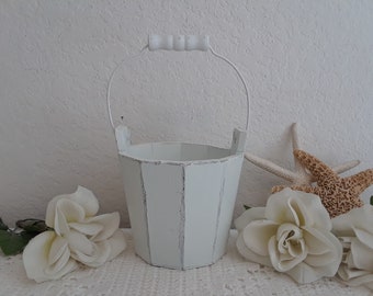 White Chippy Shabby Chic Wedding Pail Flower Girl Basket Upcycled Vintage Rustic Distressed Wood Beach Cottage Country Farmhouse Home Decor