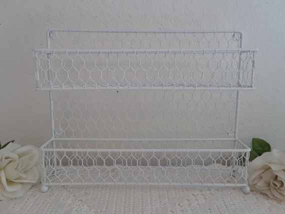 White Spice Rack 2 Tier Chicken Wire Shelf Storage Organizer French Country Farmhouse Shabby Chic Beach Cottage Kitchen Home Decor Etsy