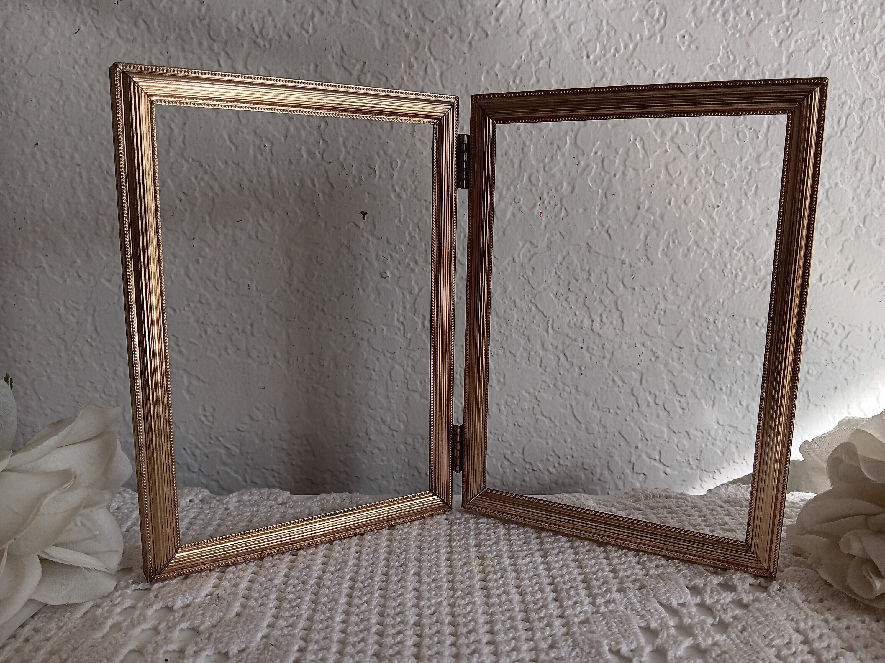 Vintage Gold Metal Hinged Picture Frame 2 Folding Double Sided 5 X 7 ...