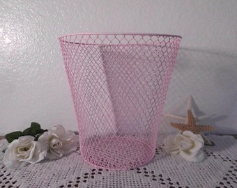 Pink Waste Paper Basket Wire Shabby Chic Distressed Paris Apartment French Country Farmhouse Romantic Cottage Home Decor Office Bedroom Desk