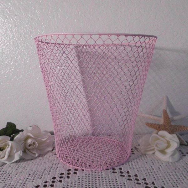 Pink Waste Paper Basket Wire Shabby Chic Distressed Paris Apartment French Country Farmhouse Romantic Cottage Home Decor Office Bedroom Desk