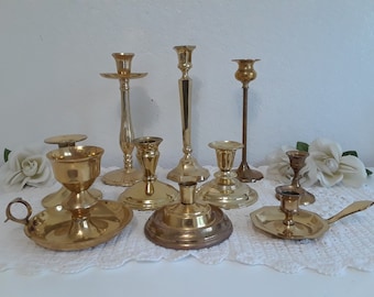 Vintage Gold Brass Candle Holder Set Taper Candlestick Collection Mid Century Hollywood Regency Rustic Retro Country Farmhouse Home Decor
