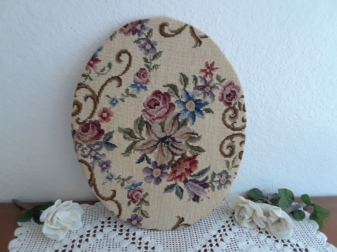 Antique Oval Needlepoint Handmade Finished Canvas Floral Rose Lily Leaf ...