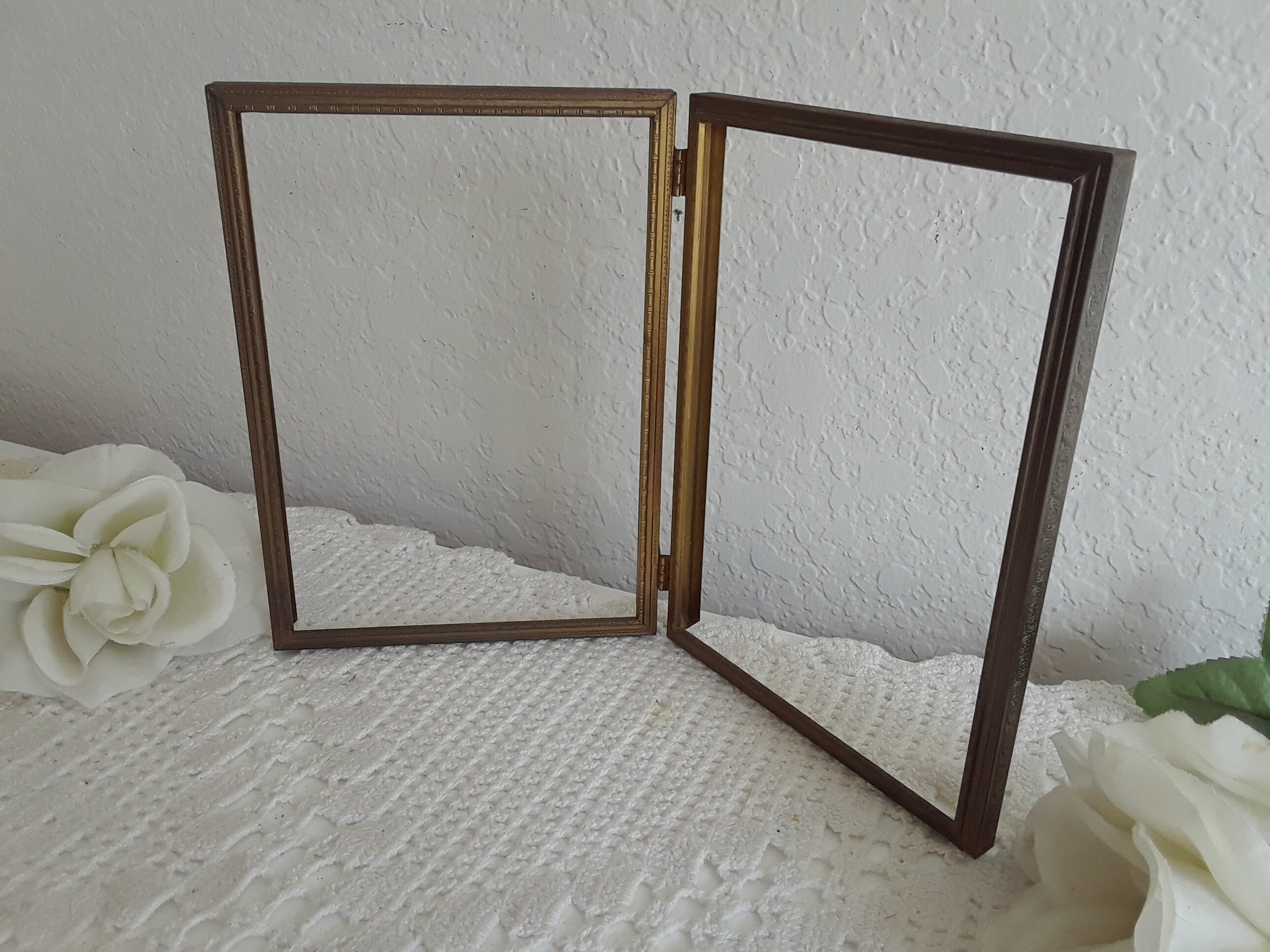 Vintage Ornate Double Hinged Dark Gold Brass Picture Frame Folding 2 ...