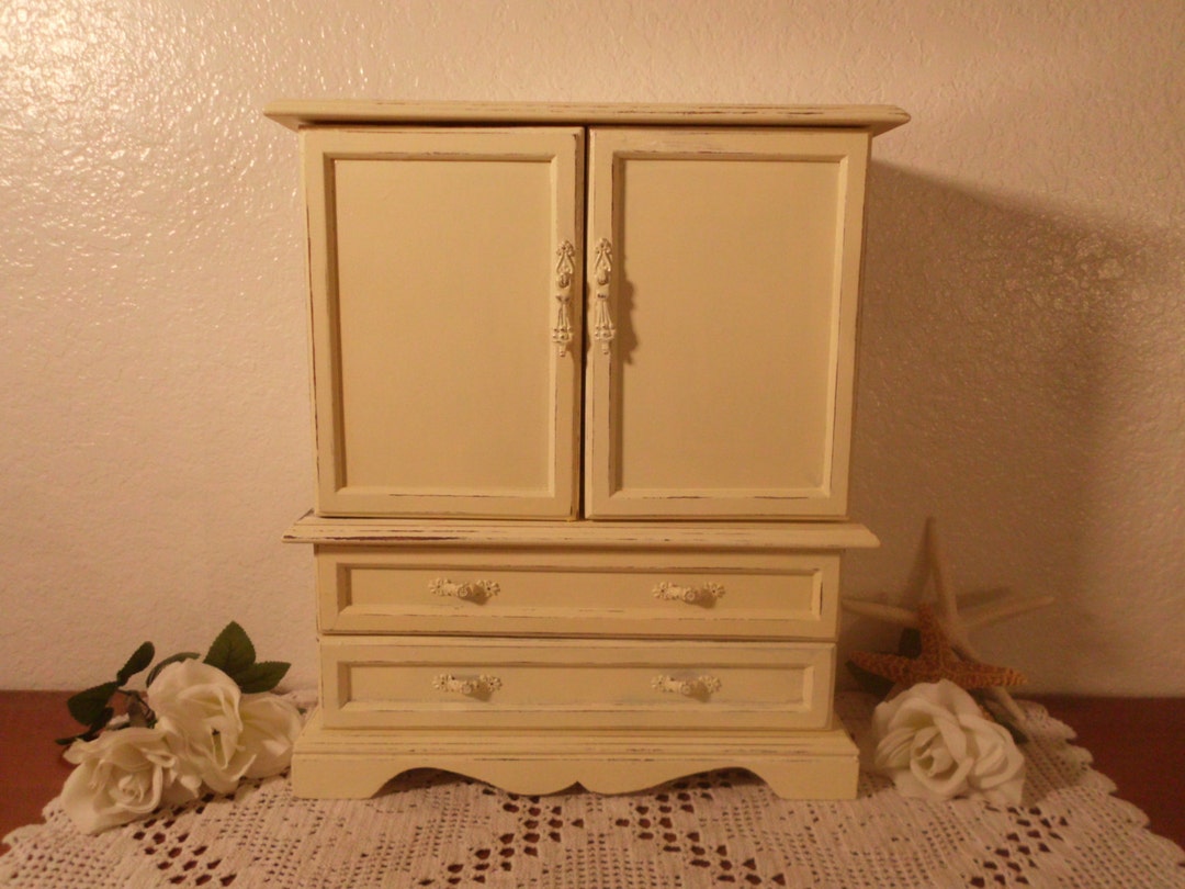 Large Ivory Cream Jewelry Box Rustic Shabby Chic Distressed Beach