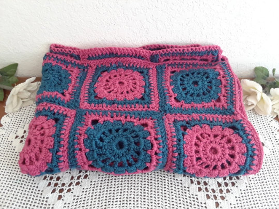 Vintage Throw Blanket Teal Blue & Maroon Pink Granny Square Hand