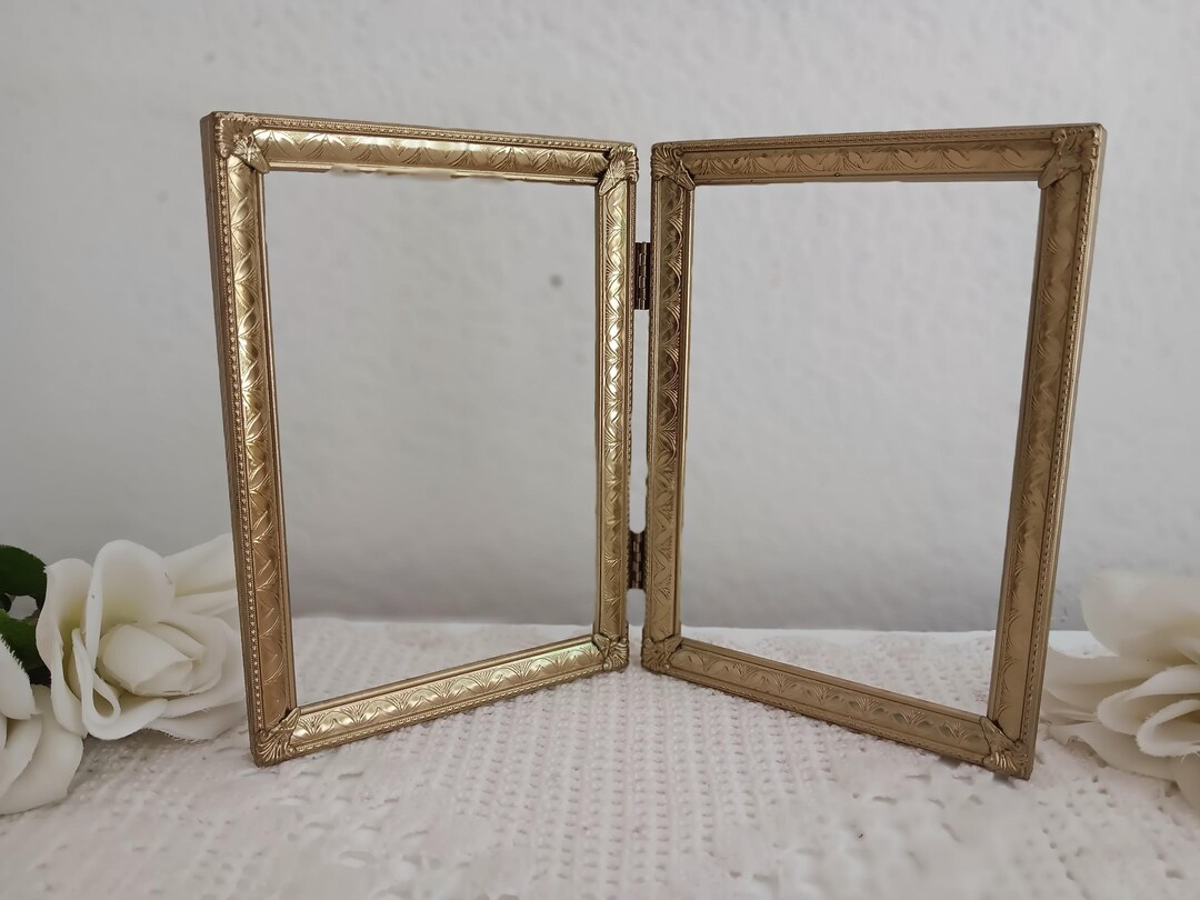 Vintage Ornate Double Hinged Gold Brass Picture Frame Folding 2 - 5 X 7 ...