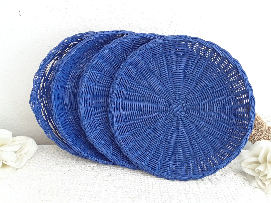 Blue Wicker Paper Plate Holder Set Beach Cottage Coastal Seaside