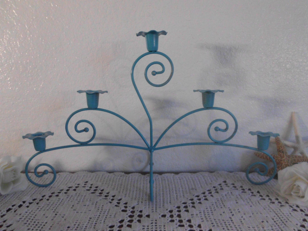 Taper Candelabra Aqua Turquoise Teal Blue Candle Holder Shabby Chic