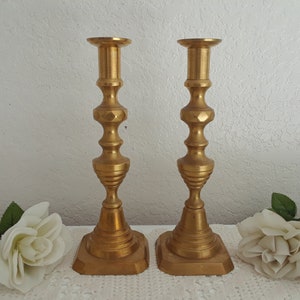Antique Gold Beehive & Diamond Cast Brass Taper Candle Holder Set Two Pair Matching Candlesticks English Georgian Victorian Home Decor
