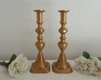 Antique Gold Beehive & Diamond Cast Brass Taper Candle Holder Set Two Pair Matching Candlesticks English Georgian Victorian Home Decor