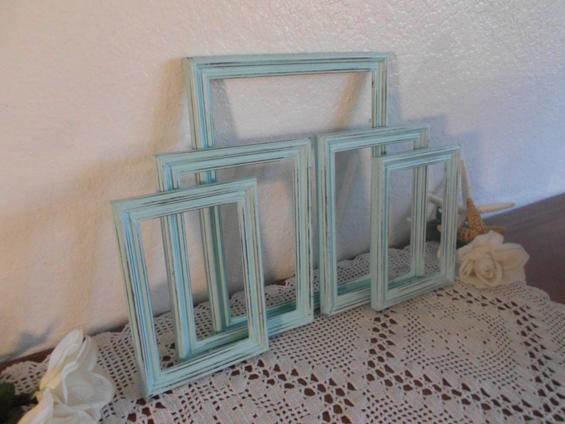 Mint Blue Green Picture Frame Set Rustic Distressed Photo Wall Gallery Collection Pastel Shabby Chic Cottage Home Decor Wedding Decoration image 2