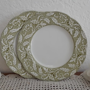 Vintage English Staffordshire Sterling Colonial Ironstone JG Meakin Renaissance Green and White Bread & Butter Plate Set Crafted in England