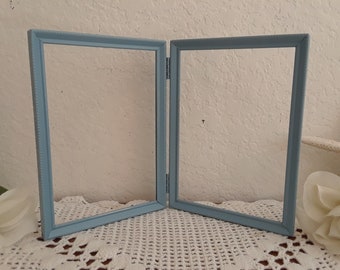 Blue Shabby Chic Hinged Picture Frame Two 5x7 Double Sided Photo Decoration Up Cycled Vintage Metal Country Cottage Home Decor Wedding Gift