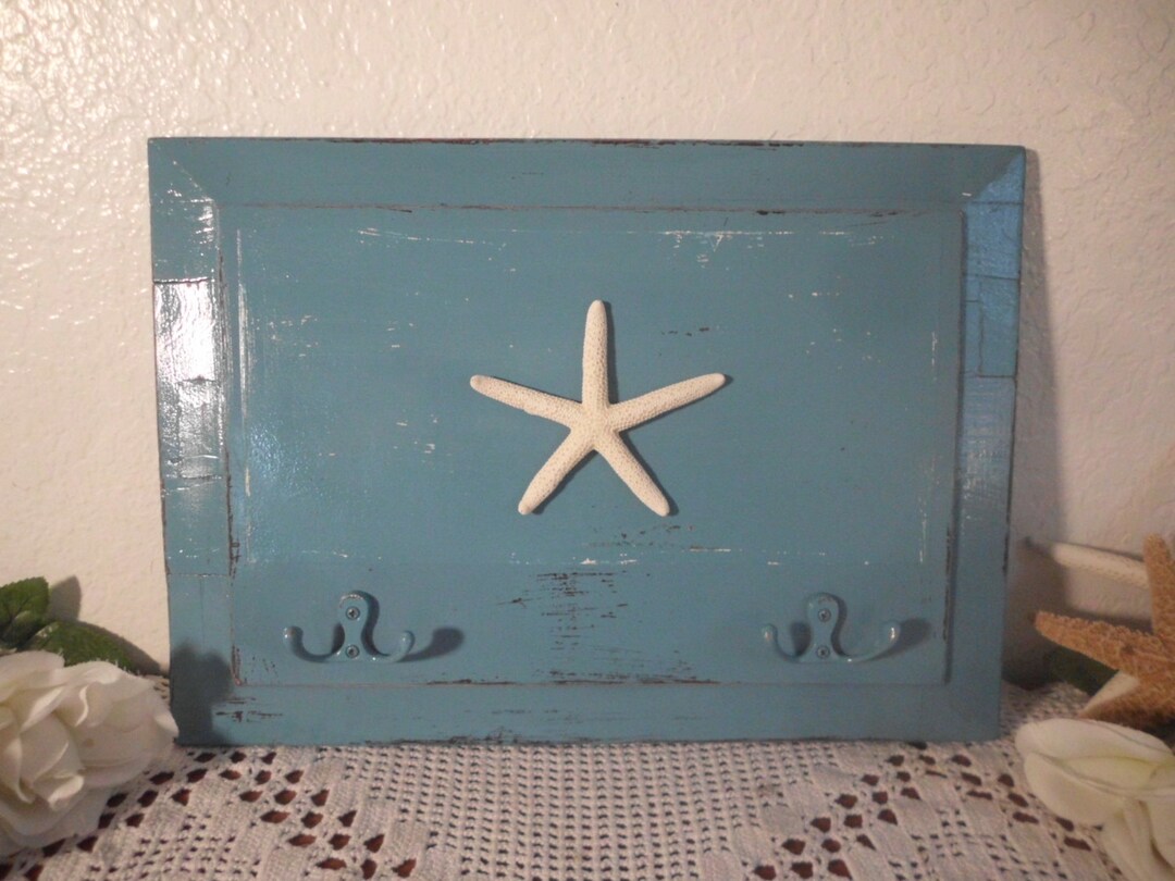 Beach Key Racks Starfish Key Rack Aqua Blue Rustic Shabby Chic Distressed Wood ...