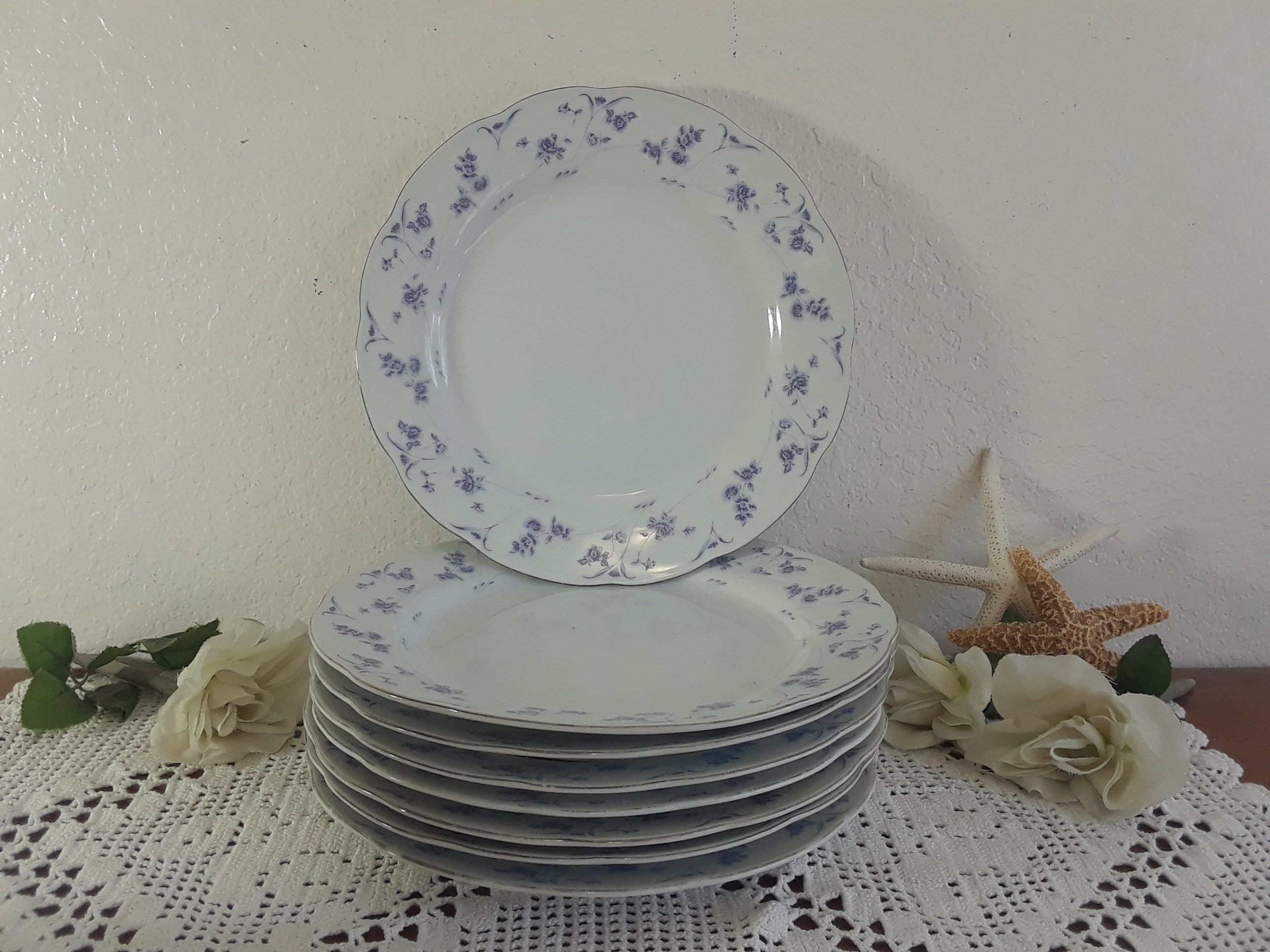 Vintage Blue Flower White Silver Rim Dinner Plate Romantic Beach
