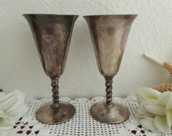 Vintage Silver Plated Pedestal Wine Goblet Set Two Silverplated Matching Pair Midcentury Hollywood Regency Paris French Elegant Wedding Gift