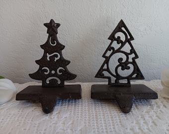 Vintage Dark Brown Cast Iron Christmas Tree Stocking Holder Set 2 Pair Fireplace Mantle Hook Hanger Winter Holiday Ranch Cabin Home Decor