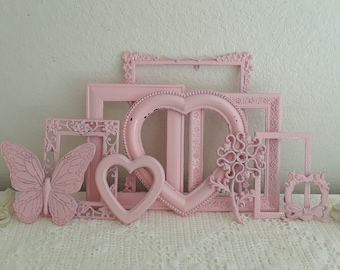 Pink Picture Frame Set Upcycled Vintage Rustic Shabby Chic Distressed Photo Wall Gallery Collection Country Cottage Baby Girl Nursery Decor