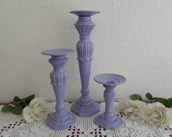 Lavender Purple Candle Holder Set Upcycled Vintage Taper & Pillar Candleholders French Country Romantic Cottage Home Decor Iris Wedding Gift