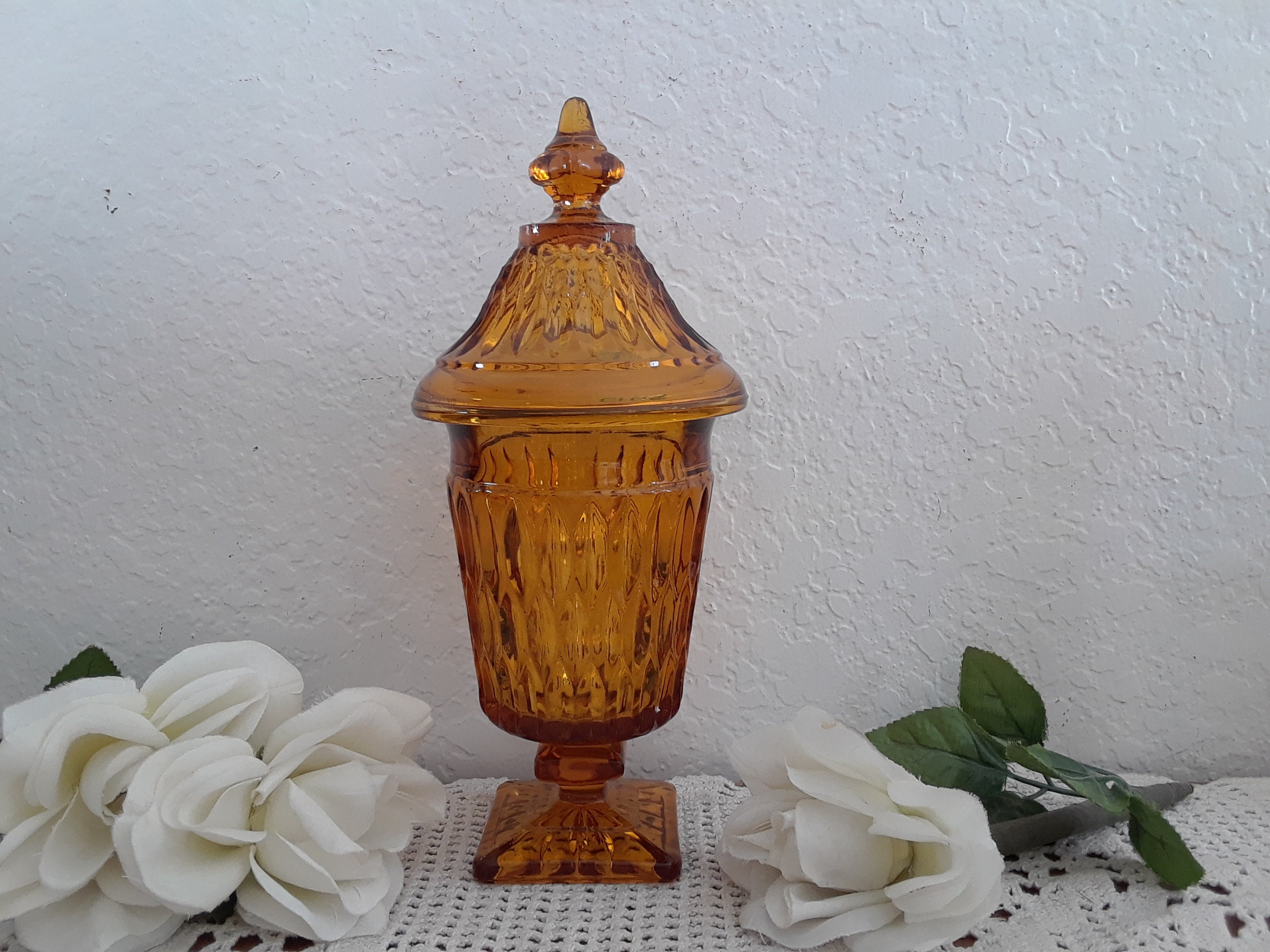 Vintage Amber Glass Pedestal Candy Dish W/ Lid Covered Diamond Etsy