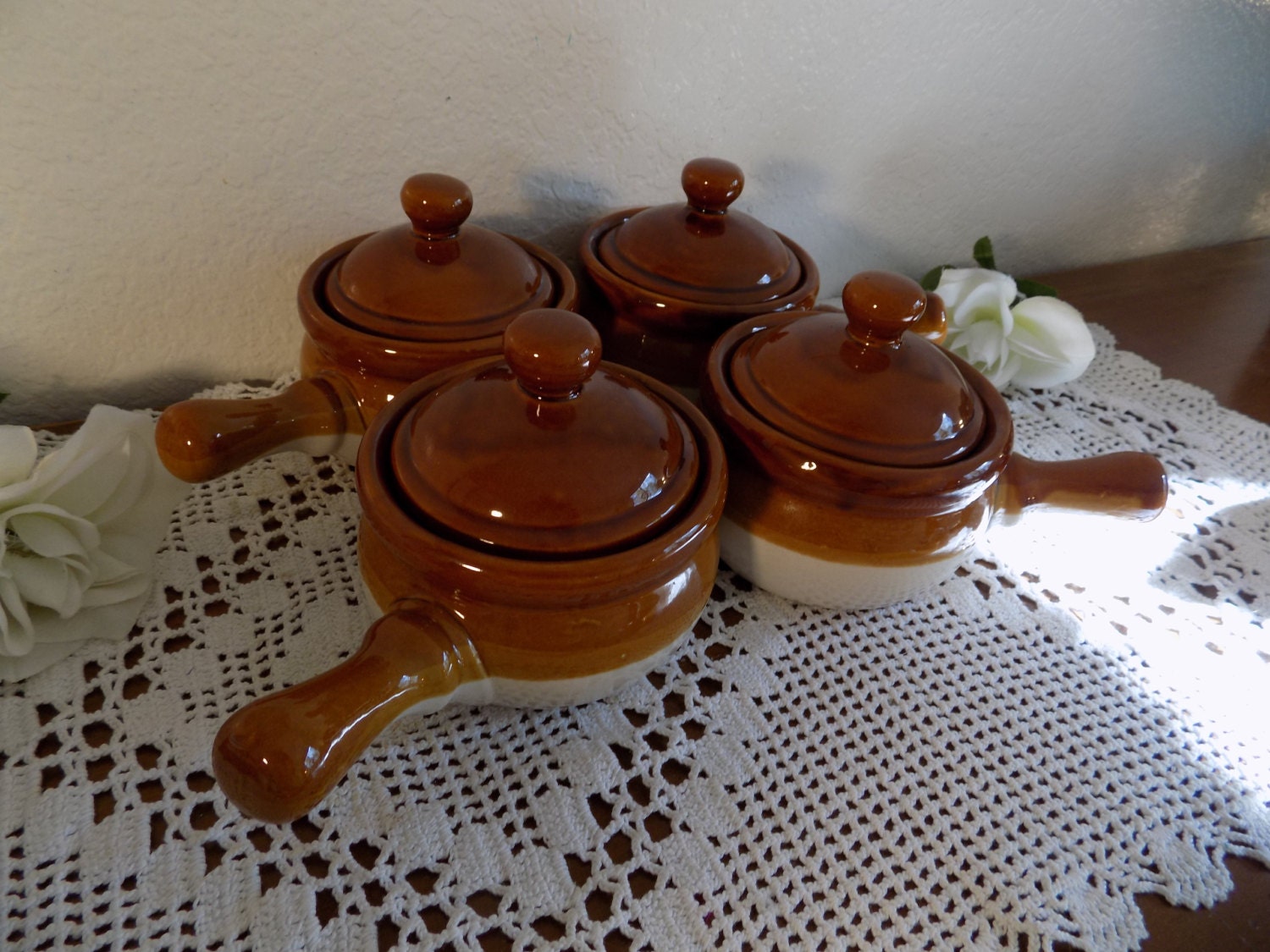vintage pottery onion soup bowls, stick handle casserole dishes w/ lids
