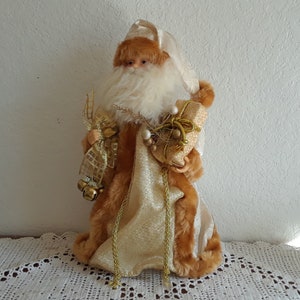 Vintage Santa Claus Christmas Tree Topper Treetop & Self Standing Gold Table Decoration Winter Holiday Home Decor Ringing Jingle Bells