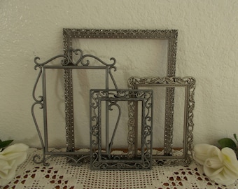 Ornate Vintage Silver Grey Metal, Pewter & Rhinestone Picture Frame Set Wedding Reception Memory Photo Decoration French Country Home Decor