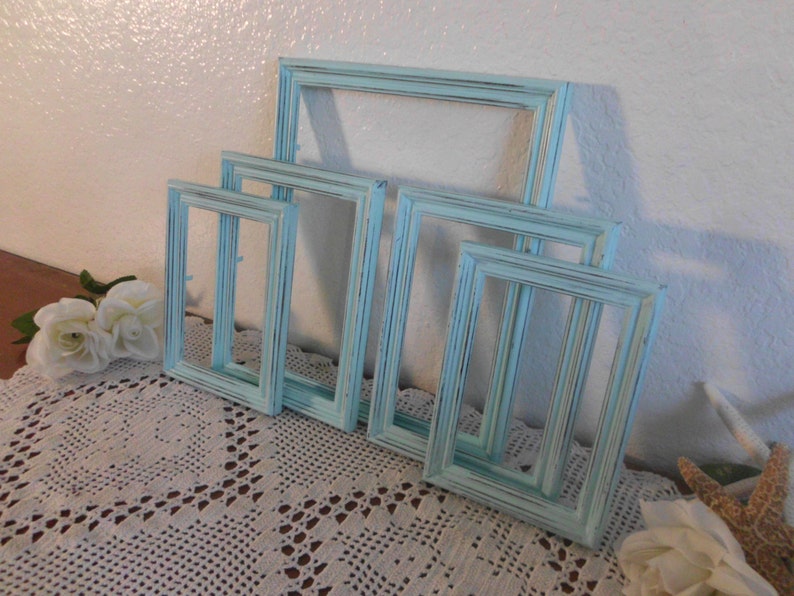 Mint Blue Green Picture Frame Set Rustic Distressed Photo Wall Gallery Collection Pastel Shabby Chic Cottage Home Decor Wedding Decoration image 3