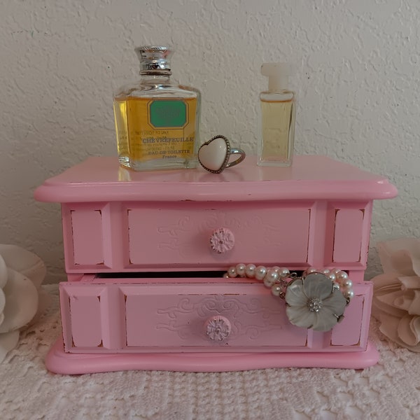 Pink Shabby Chic Jewelry Box Up Cycled Vintage Wood Storage Organizer Paris French Country Farmhouse Romantic Cottage Home Decor Gift Her