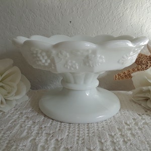 Vintage White Milk Glass Fruit Punch Bowl Stand Grape & Leaf Westmoreland Table Pedestal Centerpiece Mid Century Cottage Home Decor Wedding