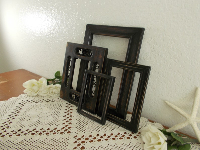 Black Picture Frame Set Upcycled Vintage Rustic Shabby Chic Distressed Wood French Country Farmhouse Traditional Western Mancave Home Decor