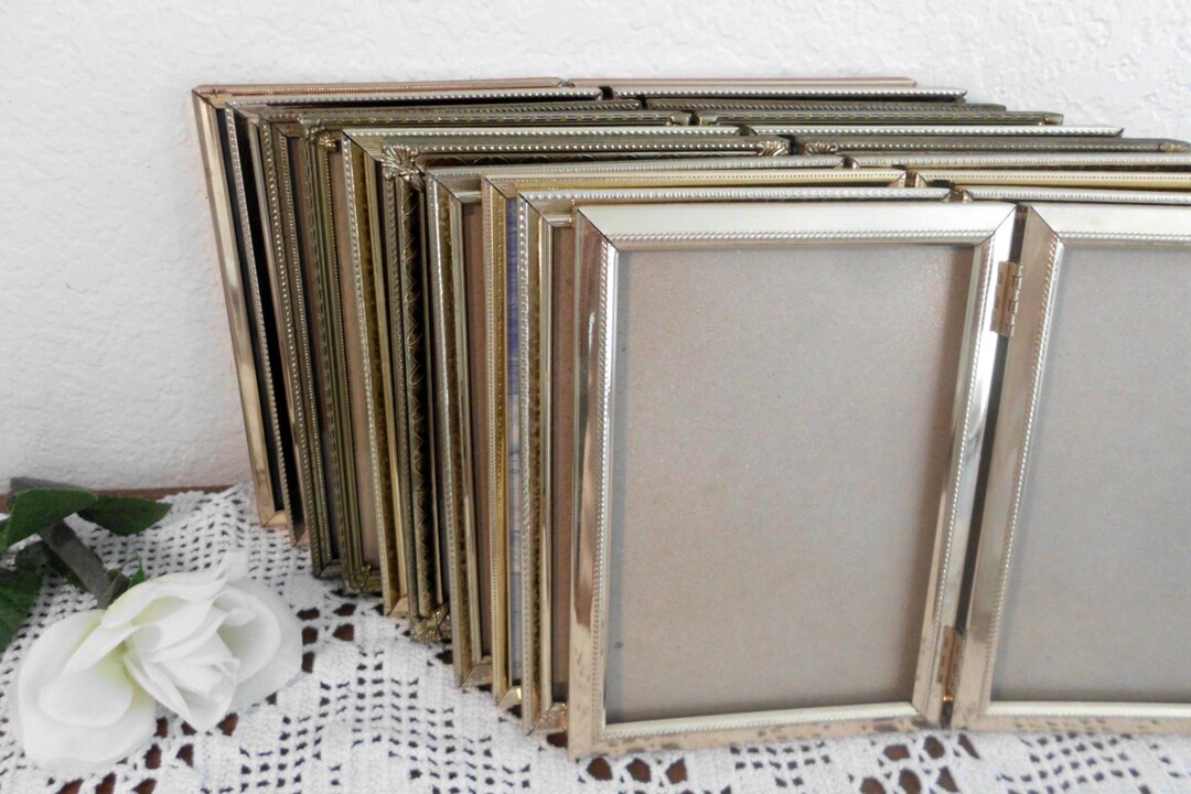 Vintage Double Hinged Frame Gold Metal Folding Picture Photo Decoration ...