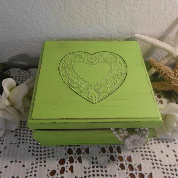 Lime Green Heart Jewelry Box Up Cycled Vintage Wood Dark Green Velvet Interior Tropical Island Beach Cottage Bedroom Home Decor Gift For Her