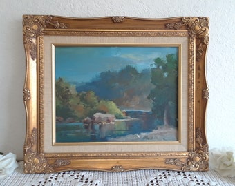 Vintage Gold Baroque Framed Forest & Stream Landscape Signed Canvas Oil Painting Mid Century Traditional Home Decor Horizontal Art Gift Her
