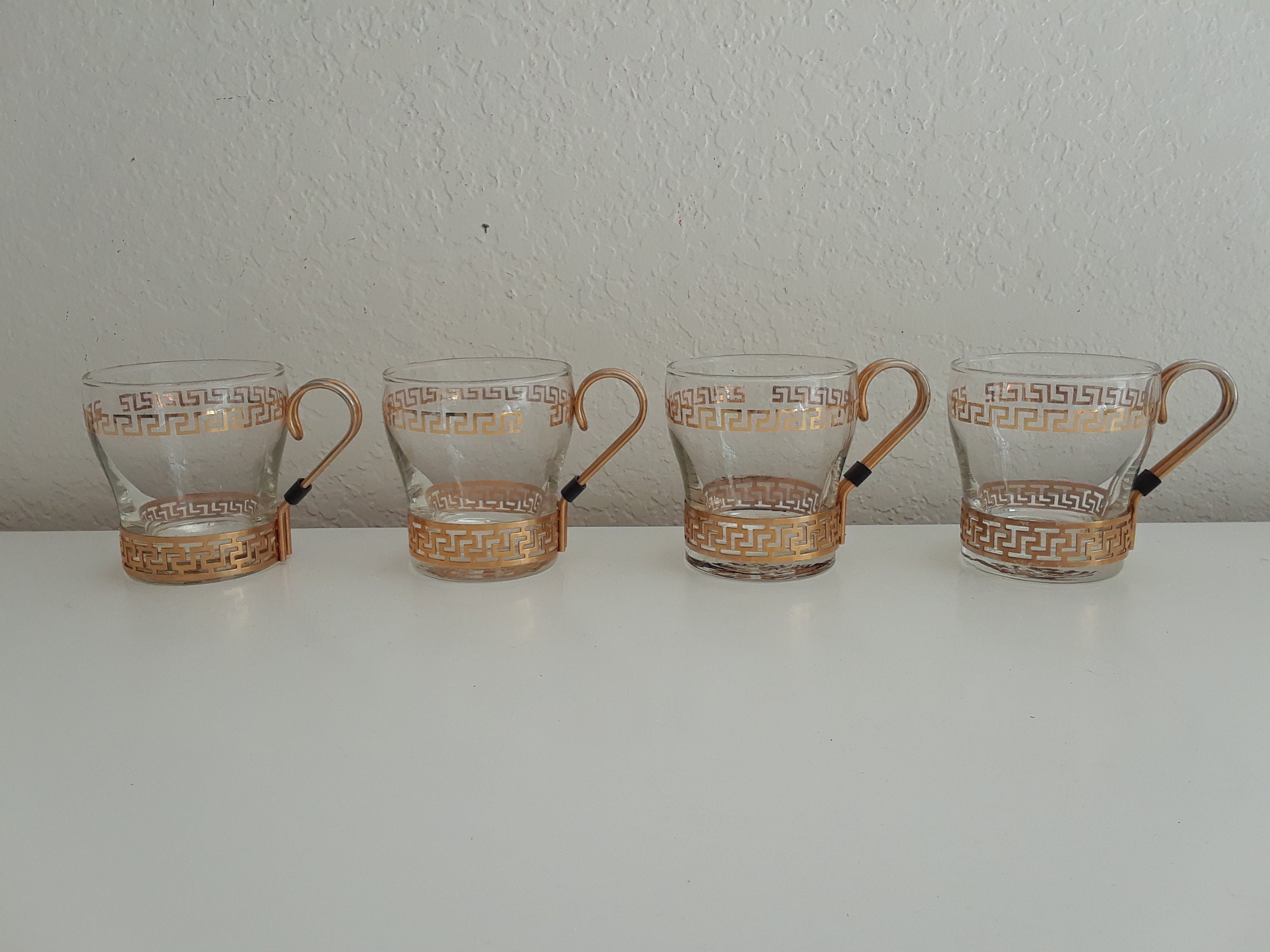 Vintage Gold Greek Key Continental Glass Cup Set of Four Hot & Cold With  Handle Midcentury 1960's Man Cave Bar Retro Kitchen Home Decor Gift 