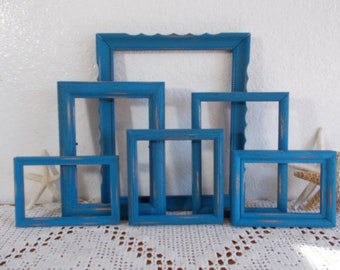 Blue Picture Frame Set Up Cycled Vintage Rustic Shabby Chic Distressed Wood Photo Decoration Beach Cottage Coastal Seaside Nautical Decor