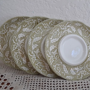 Vintage English Staffordshire Sterling Colonial Ironstone J G Meakin Renaissance Green & White Indented Saucer Plate Set Crafted in England
