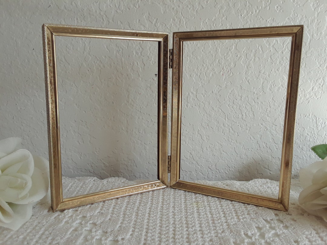 Vintage Ornate Double Hinged Gold Metal Picture Frame Folding 2 - 5 X 7 ...