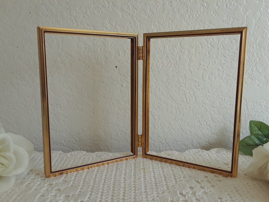 Vintage Ornate Double Hinged Gold & Black Brass Picture Frame Folding 2 ...