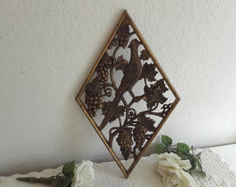 Vintage Ornate Gold & Black Syroco Wall Hanging Plaque Peacock Grape Vine Decoration Mid Century Hollywood Regency French Country Home Decor