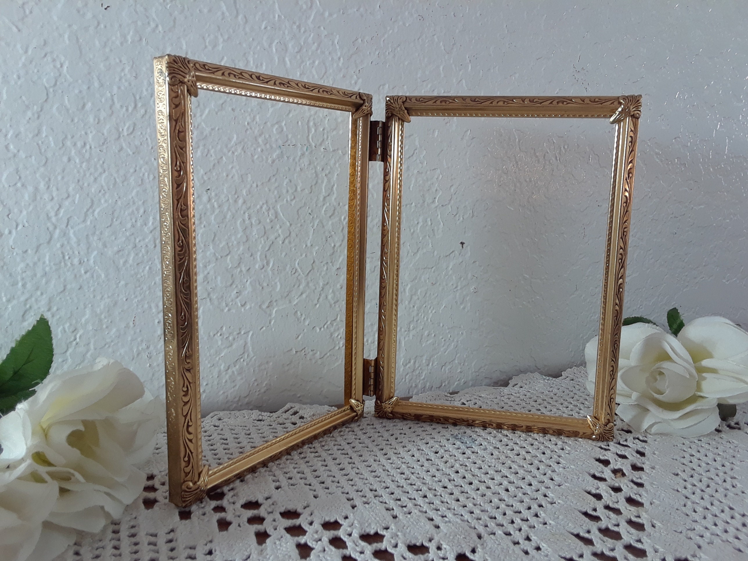 Vintage Double Hinged Gold Metal Picture Frame Folding 5 X 7 Photo ...