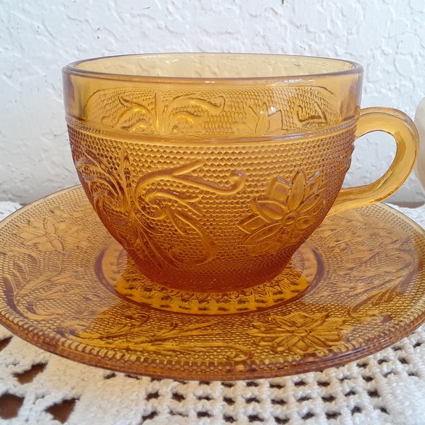 Vintage Amber Golden Yellow Tiara Glass Flat Cup & Saucer Set Mid Century Man Cave 70s Home Decor Thanksgiving Fall Autumn Wedding Reception