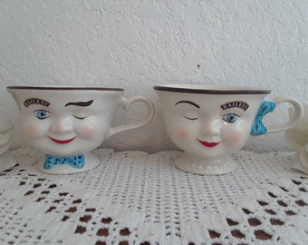 Vintage Winking Baileys Mr. and Mrs. Drinking Cup Set Man Women Face Barware Retro Whimsical Cottage Kitchen Bar Home Decor Gift Him Her