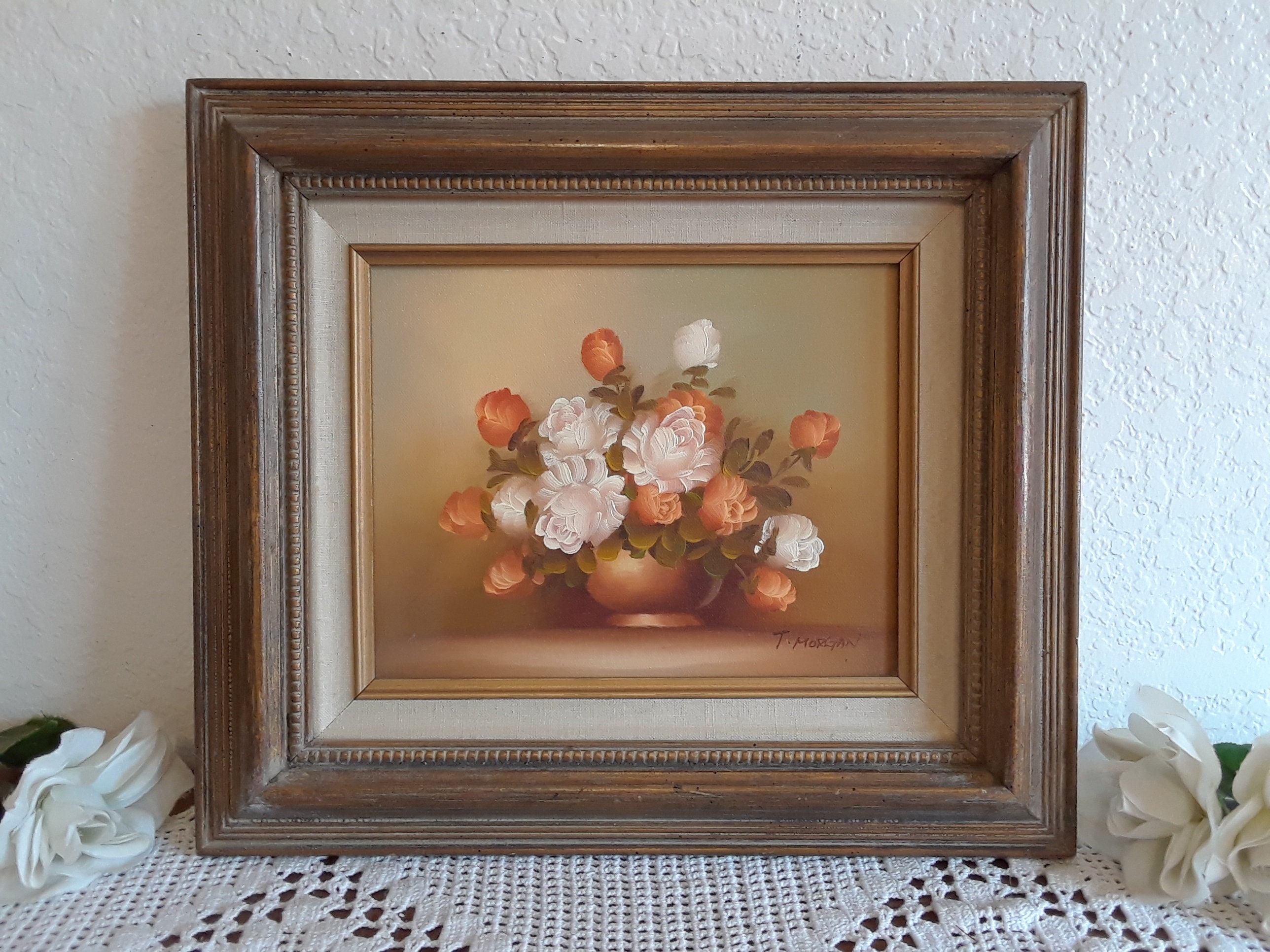 Vintage Art Framed Floral Bouquet Still Life Oil Painting on Canvas Signed T. Morgan Orange White Green Copper Brown Gold Colors Mid Century