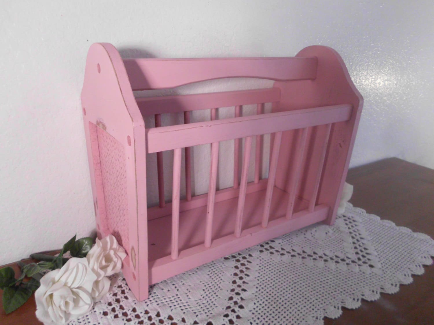 Magazine Rack Pink Shabby Chic Wood Rustic Beach Cottage French Country Farm House Home Decor Up Cycled Vintage Girl Bedroom Nursery Gift